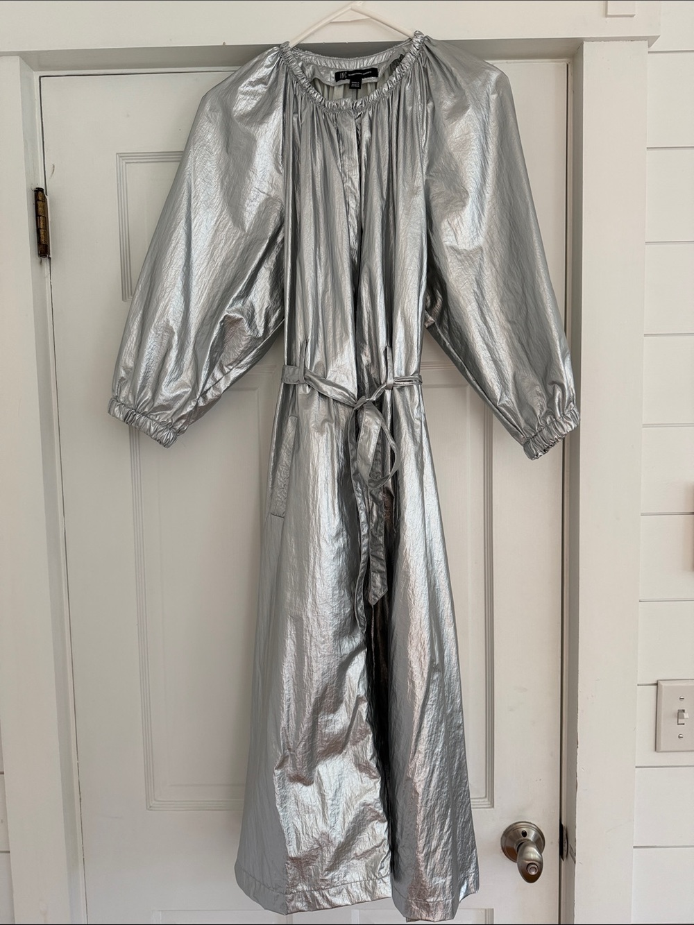 INC International Concepts Metallic Silver Long Jumpsuit with Tie Waist